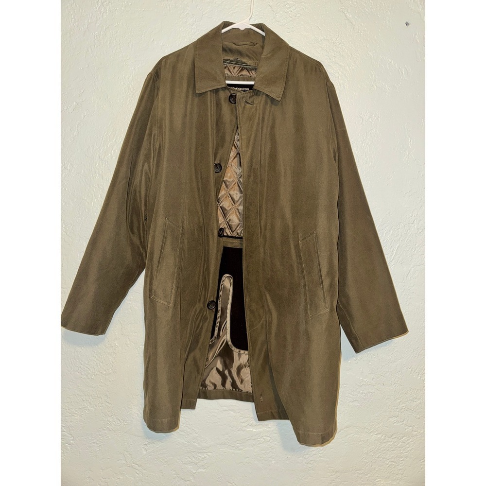 London Fog Mens 38R Classic Olive Green Quilted Lined Trench Coat Jacket